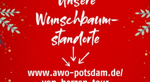 Roter Hintergrund mit grünen Zweigen und Sternen.     Text: Unsere Wunschbaumstandorte     Von Herzen Tour 2024